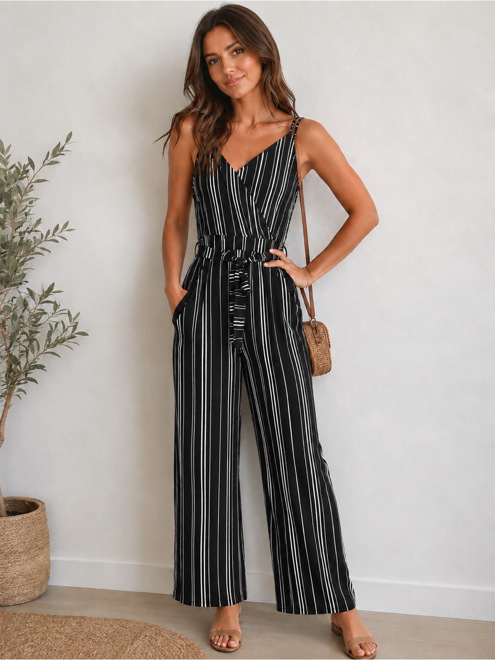 Eclipse Black & White Striped Wide-Leg Jumpsuit with Tie Waist